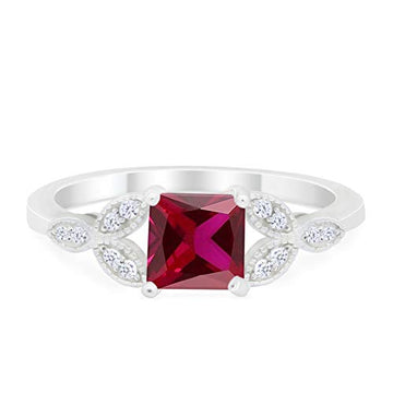 Art Deco Design Engagement Ring Princess Cut Simulated Ruby CZ 925 Sterlig Silver